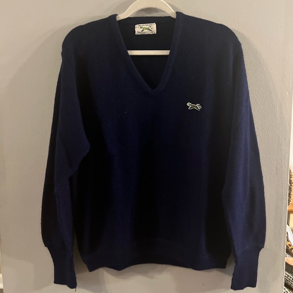 The Fox Sweater Mens Sz M  V Neck Long Sleeve Blue Wool Blend Vintage C